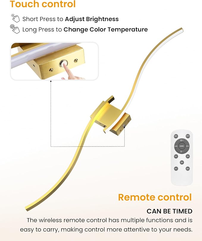 39.4 Inch Battery Operated Wall Sconce Set of 2, Gold Modern Rechargeable Wall Lights with Remote, 3CCT Dimmable Wireless Wall Lamp for Living Room Bedroom Hallway