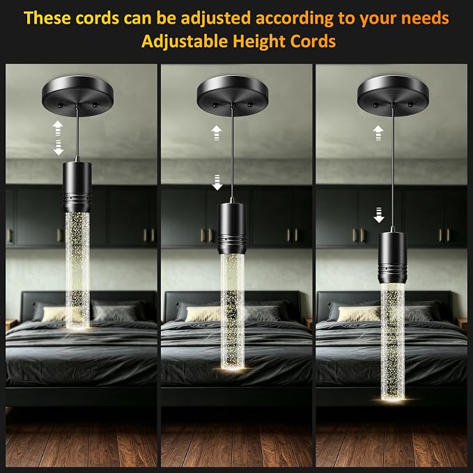 Black Pendant Lights Kitchen Island, Crystal Bubble Pendant Lights, Adjustable Modern Pendant Light Fixtures for Dining Living Room Bedroom 3 Pack