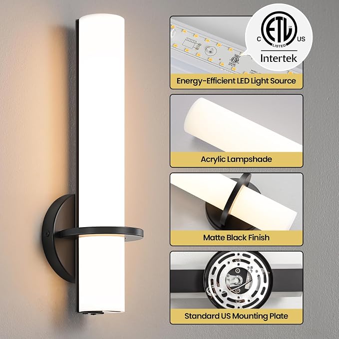 AIJIASI Wall Sconce Light - 15 inch Modern Black Bathroom Light Fixtures Wall Sconces Set of Two Dimmable LED Sconce Lighting, 15W 3000K Wall Light with Acrylic Shade for Bedroom Stairway Living Room