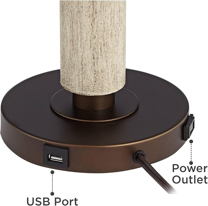 Franklin Iron Works Hugo 28 1/2" Tall Mid Century Modern Natural Cottage End Table Lamps Set of 2 USB Port Pull Chain White-Washed Wood Finish Oatmeal Shade Living Room Charging Bedroom Bedside