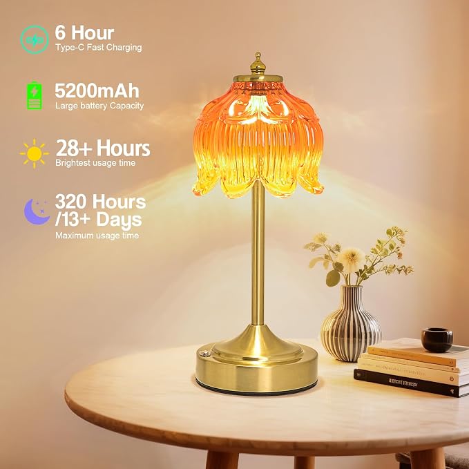Cordless Table Lamp, Rechargeable Honey Glass Lotus Flower Lamp | 5200mAh touch lamp with 3 color modes and stepless dimming, battery operated lamp for nightstands and kitchen counters
