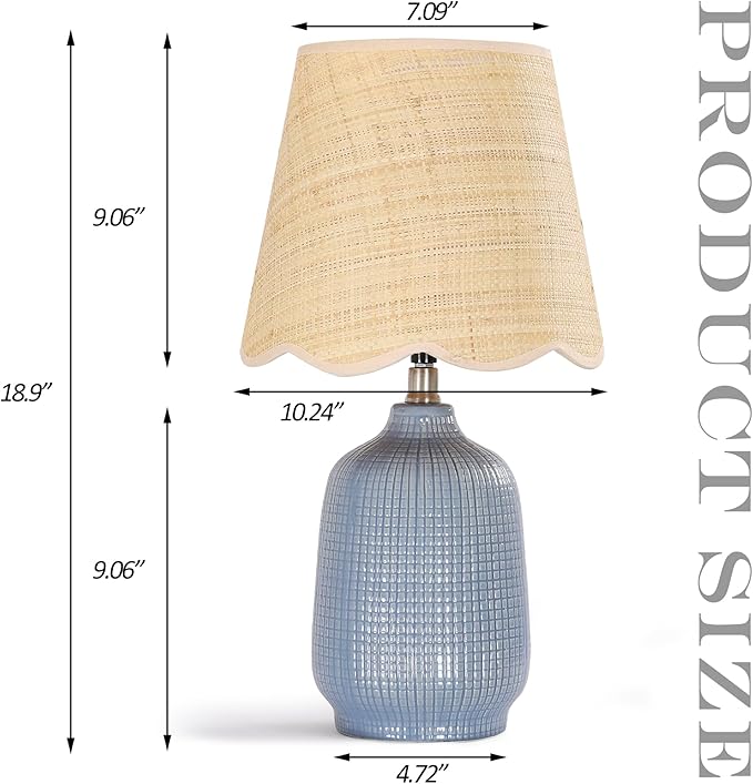 19" Modern Ceramic Table Lamp for Living Room Gray Blue Base Desk Lamps for Bedroom Farmhouse Bedside Nightstand Lamp End Table Lamps,Bule,Rattan Shade