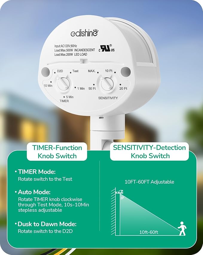 EDISHINE Motion Sensor, 180-Degree Replacement Motion Detector for Security Floodlights, 120V Adjustable Time & Detection Sensitivity Range Up to 60 Feet, 3 Modes Pir Motion Sensor, White, UL Listed