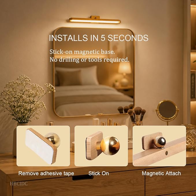 Led Rechargeable Bathroom Light Fixtures Three-Level Dimmable Touch Control Vanity Lights,Magnetic Vanity Light Bar for Bathroom Living Room Bedroom | Rechargeable USB C,3-level dimming, touch control, beech finish, ideal for halls,cabinets,living room...