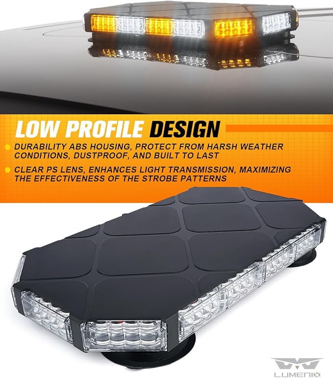 LUMENIX 56 LED Roof Top Strobe Beacon Lights Bar Rooftop Hazard Warning Emergency Safety Flashing Plow Light for Construction Vehicles Tow Commercial Trucks Postal Security Cars Snowplow - Amber White
