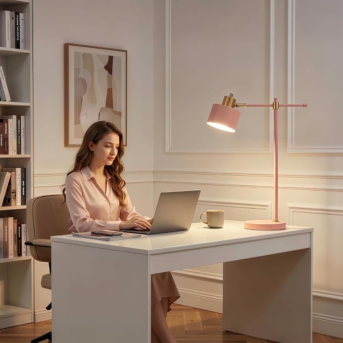 22.2" Modern Desk Lamp, Metal Table Lamp with LED Bulb, Adjustable Reading Lamps for Living Room, Mid Century Task Lamp for Home Office, Industrial Bedside Lamps with Solid Base, Pink