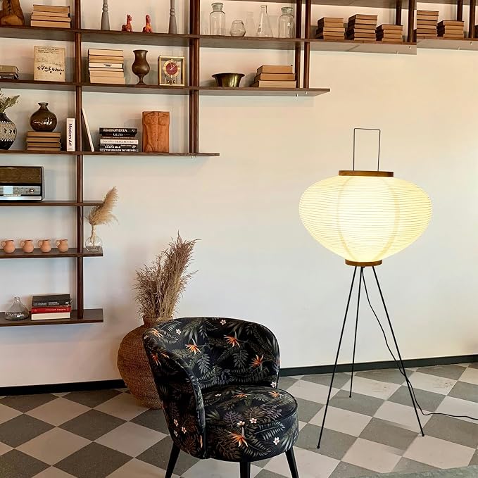 Rice Paper Floor Lamp, Japanese Paper Lantern for Wabi Sabi Decor | Noguchi Style Paper Lamp, Handcrafted Paper Lampshade, Metal Tripod Stand, E26 Base