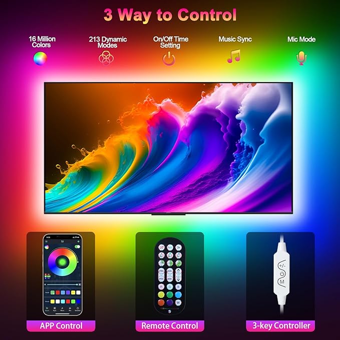 Daymeet TV Led Backlight 13.1ft for 45-60 inch Tv Backlight, RGB Music Sync Led Lights for TV with Remote, Bluetooth APP Control Tv Light USB Powered LED Strip Lights for Bedroom Decor