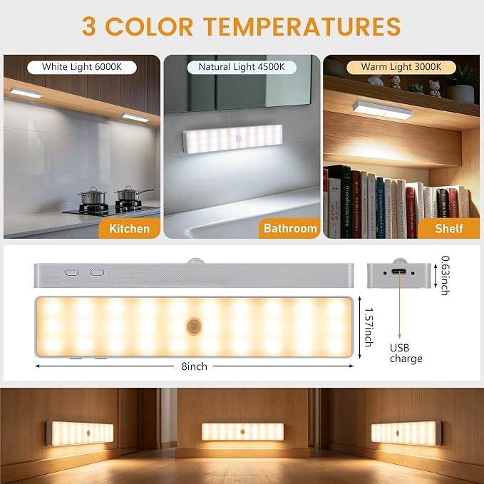 Racokky Under Cabinet Lighting with Remote, Motion Activated RV Step Light | with Charge Stand, 6 Pack 30LEDs Rechargeable, 3 Color Temps, Dimmable, Magnetic, for Closet Kitchen Wardrobe Stair Motorhome