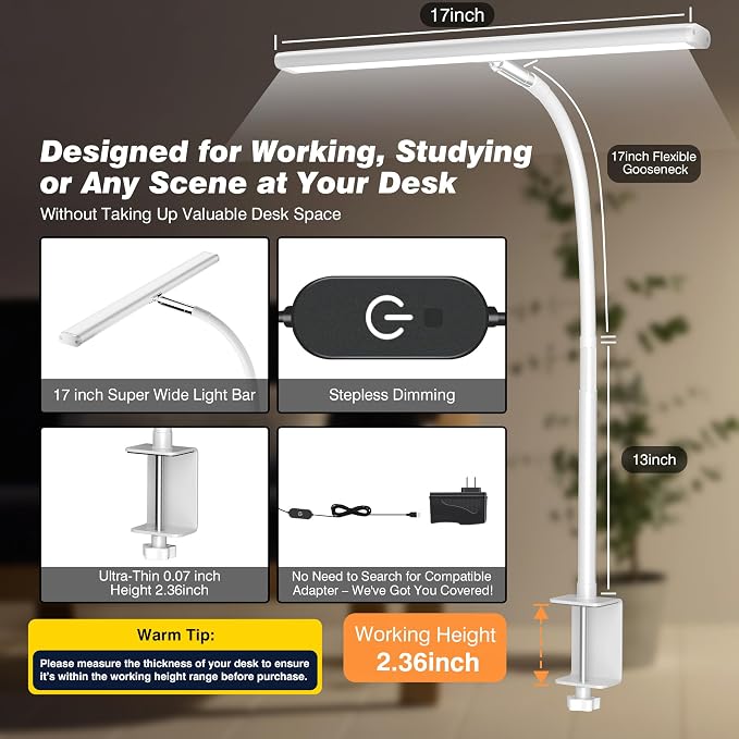 Airlonv LED Desk Lamp for Office Home, Eye-Caring Desk Light with Stepless Dimming Adjustable Flexible Gooseneck, 10W USB Adapter Desk Lamp with Clamp for Reading, Study, Workbench