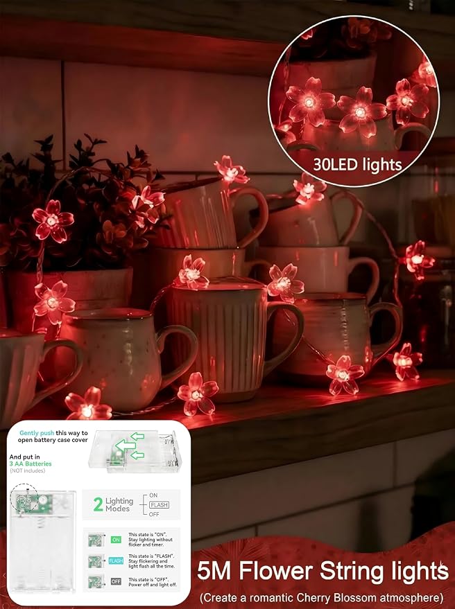 Flower Battery Operated Indoor String Lights 30L Cherry Blossom Fairy Light | Waterproof Outdoor Garden Party Camping Birthday Wedding Room Red