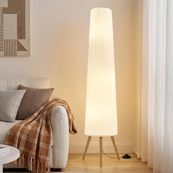 60 Inch Wood Floor Lamp, White Cloth Shade, Color Temperature Adjustable Softlighting Corner Lamp, 3 Bulbs Standing Lamp, Creative Ambient Light for Living Room Bedroom&Office-Bulbs Included