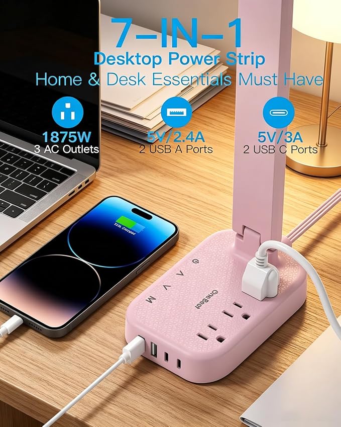 LED Desk Lamp, Power Strip with 4 USB 3 Outlets, Dorm Room Essentials, Pink | One Beat 4 Modes 5 Level Brightness Touch Lamp, Small Desk Lamp for Home Office College Dorm Essentials, Study Reading Light