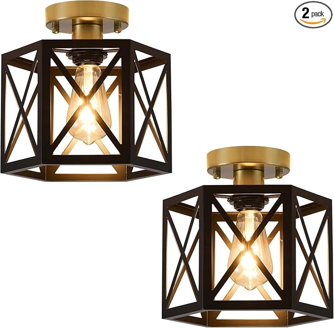 XSDeTu Black Gold Flush Mount Ceiling Light Fixtures, Farmhouse Ceiling Lights with Hexagonal Metal Cage, Modern Close to Ceiling Lamp, Small Chandelier for Kitchen Hallway Porch Bedroom, 2 Pack