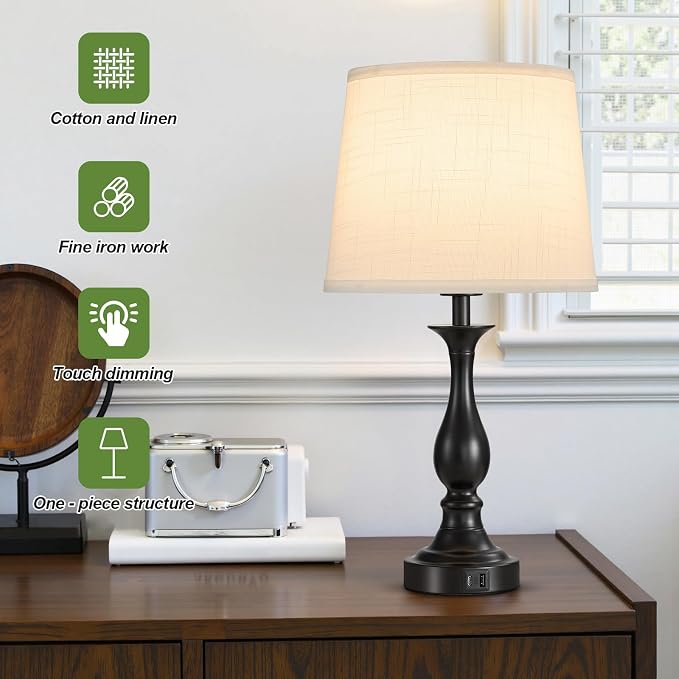 Bedside Table Lamp Touch Control Bedroom Lamps with USB A + C Charging Port 3 Way Dimmable Touch Lamps for Nightstand Living Room Bedroom Dorm Home Office Reading, Set of 2 (White Shade & Black Base)