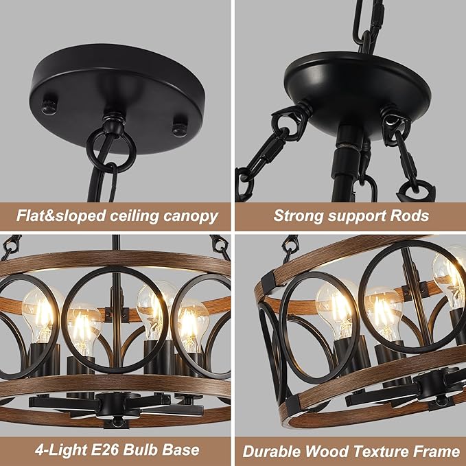 15.7'' Farmhouse Chandelier, 4-Light Walnut Wood Grain Dining Room Light Fixture Over Table, Rustic Industrial Drum Hanging Pendant Lights Fixture for Kitchen Island Bedroom Hallway Foyer Entryway