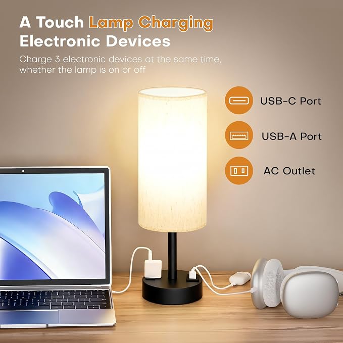 MOICO Bedside Lamp with 2 USB Ports and 1 AC Outlet, Table Lamp with Grey Linen Fabric Shade and Stable Metal Base, Nightstand Lamp for Bedrooms, Living Room, Kids Room, Dorm, Office