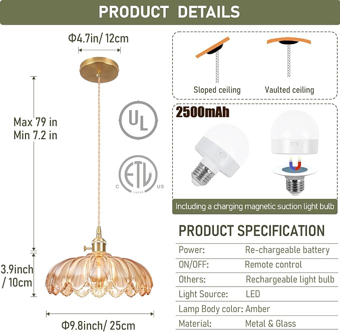 Battery Operated Pendant Light,Vintage Light Fixtures 2500mAh 9.8in RGB Light Bulb with Remote Control Wireless Adjustable Rechargeable Chandelier for Kitchen Island Hallway 1Light