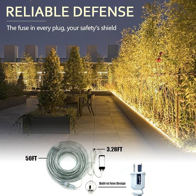 50FT Waterproof LED Rope Lights, 450 LED Warm White Connectable & Flexible for Indoor/Outdoor Use - Deck, Patio, Garden, Bedroom, Party & Christmas Decoration