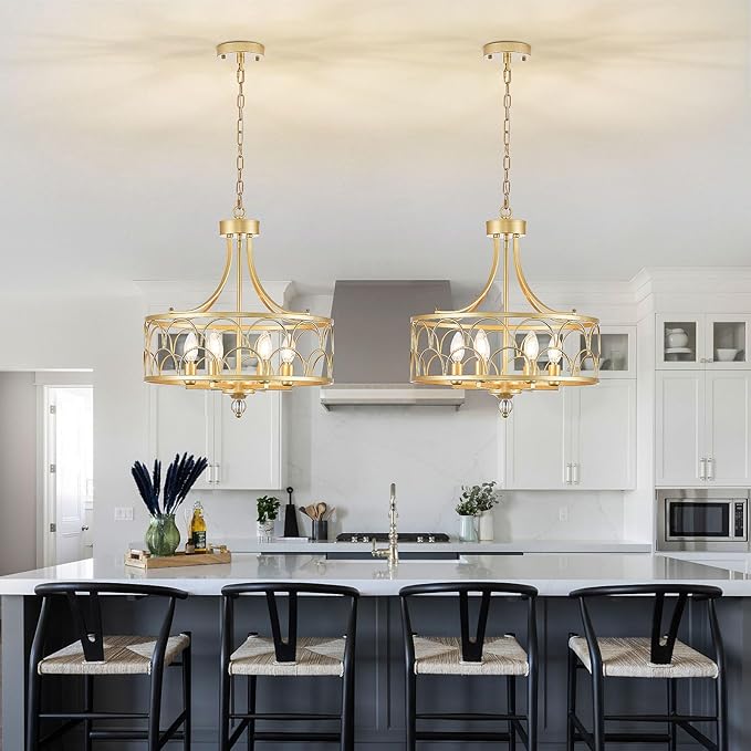6-Light Gold Chandelier,18.1in Farmhouse Lantern Pendant Light Fixture,Adjustable Hanging Ceiling Lamp with E12 Socket,for Kitchen Island,Bedroom,Entryway,Dining Room