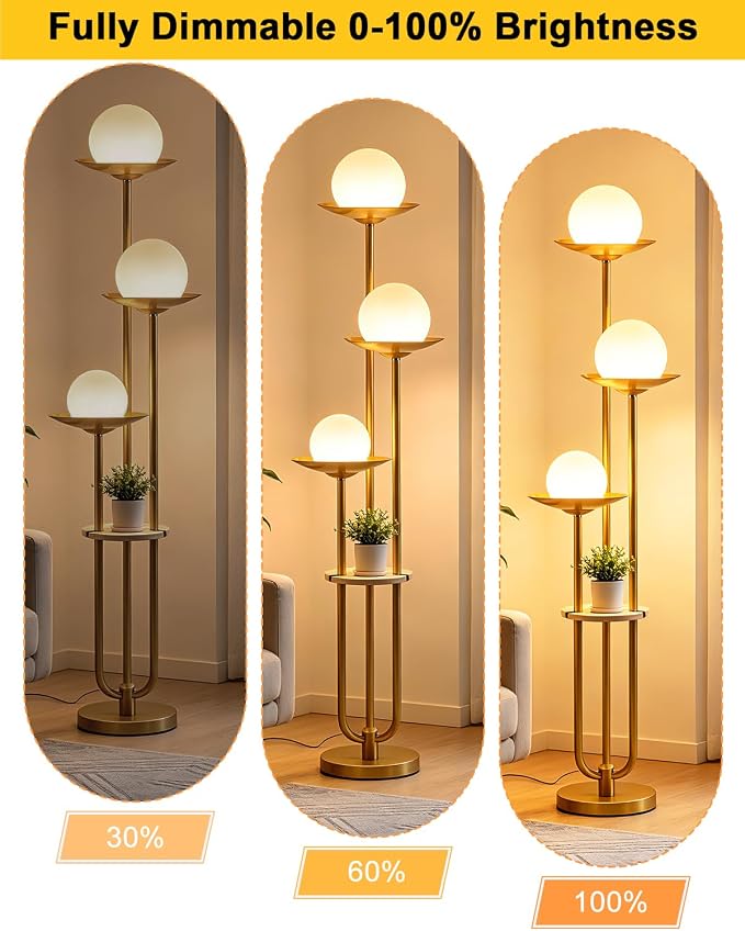 Lightdot 3-Globe Dimmable Floor Lamp with Table Modern Floor Lamps 3000K Warm White Bulbs Included Gold Tall Standing Lamp with 5Lbs Heavy Base for Living Room/Bedroom/Sofa Beside/Corner Decor