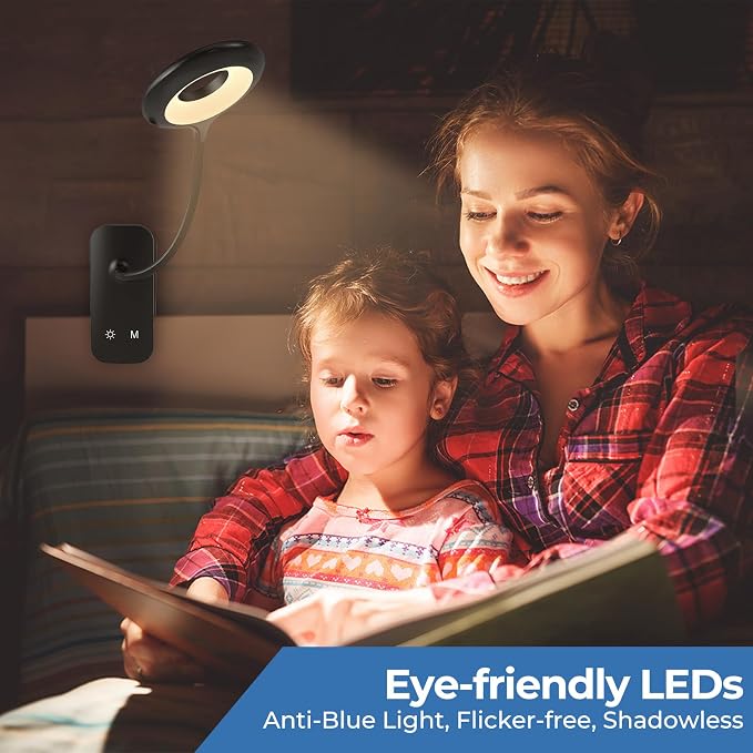 CUHIOY 2Pack Rechargeable Clip on Reading Light for Bed Headboard, Black | 5 Colors 5 Brightness Bed Light, Battery Flexible Neck Desk Lamp with Strong Clamp, Flicker-Free Night Light, Kids Bunk Bed