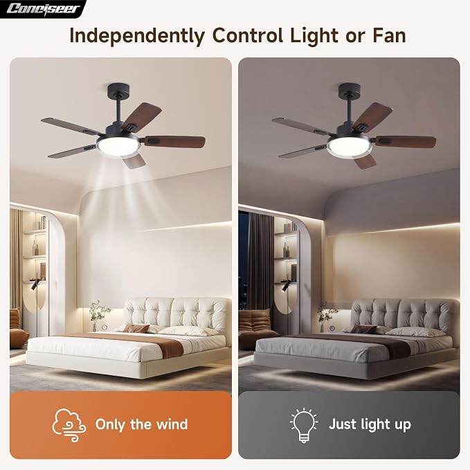 Conciseer 44 Inch Ceiling Fans with Lights and Remote, Bedroom Living Room Office Outdoor, 5CCT Dimmable, Dual Color 5 Blades, 6 Speed Reversible Quiet DC Motor, Dual-Layer Shade, Black/Wood Grain