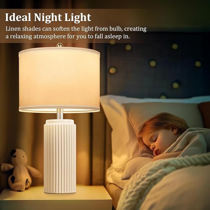 23.5’’ Beige Modern Ceramic Table Lamps Set of 2 for Living Room, Farmhouse Bedside Lamps with Upgraded White Linen Shade, Rustic Nightstand Lamps for Bedroom Home Office, Vintage End Table Dorm