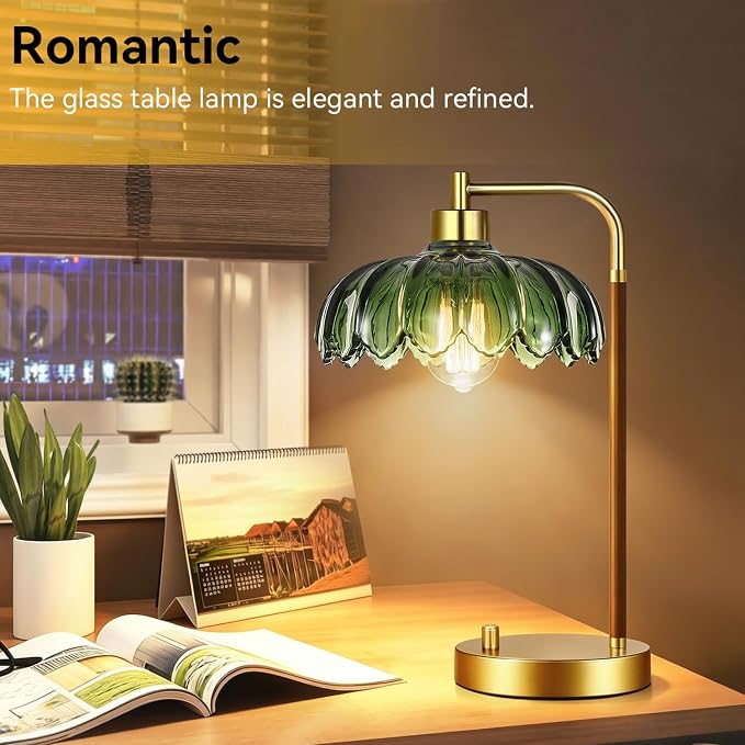 ILLMTW Vintage Table Lamp for Bedroom Living Room,Small Bedside Lamps Dimmable Bedroom Lamp with Glass Green Flower LampShade,Mid Century Modern Mini Nightstand Lamp Gold Boho Side Table Lamp