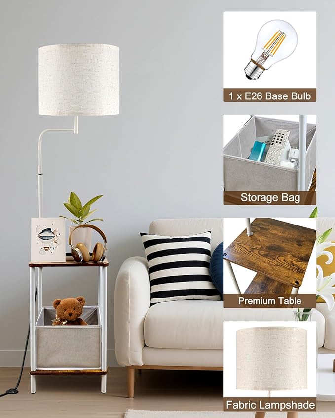 Lightdot 56" Floor Lamp with Table & Storage Bag, Dimmable Corner End Table Lamps with 350° Rotatable Fabric Lampshade, Mid Century Floor Lamps for Living, Room Bedroom, Office, E26 Bulb Include-White