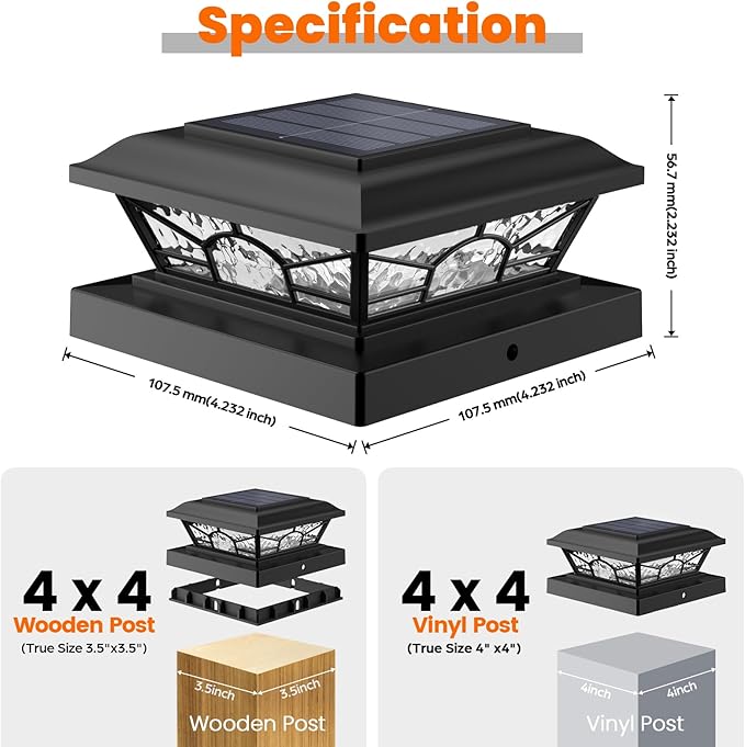 4x4 3.5x3.5 Solar Post Cap Lights 8-Pack Black | 2 Modes (Warm/Cool White), 16LEDs, for Wooden/Vinyl Posts, IP65 Waterproof, Outdoor, for Fence, Deck, Patio, Yard, Porch