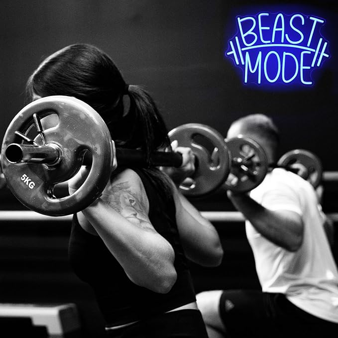 Beast Mode Neon Sign Blue Letter Neon Gym Signs Motivational Wall Art Gym Decor Barbell LED Neon Lights Signs Dumbbell Neon Light for Bedroom Gym Sports Room Man Cave Decor