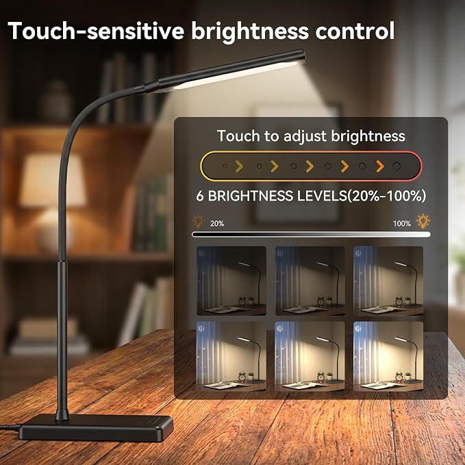 LED Desk Lamp, Eye-Caring Table Lights for Home Office | Touch Control Desk Lamp, 5 Color & 6 Brightness Levels Dimmable Lamp with Memory Function 1h Timer