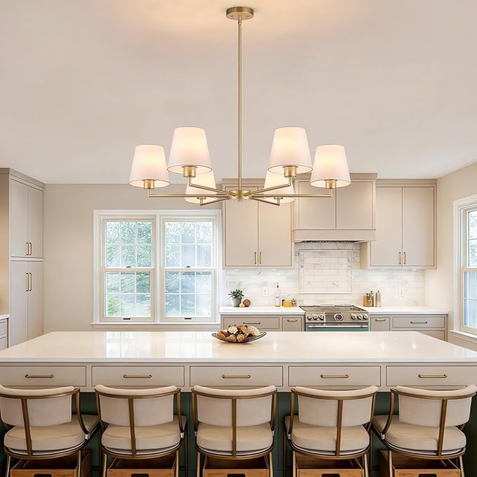 36" Gold Dining Room Light Fixture, No Assembly Required 6-Lights Kitchen Chandelier for Dining Room with White Fabric Shade, Chandelier Ceiling Light Fixture for Kitchen Island Bulb Not Included