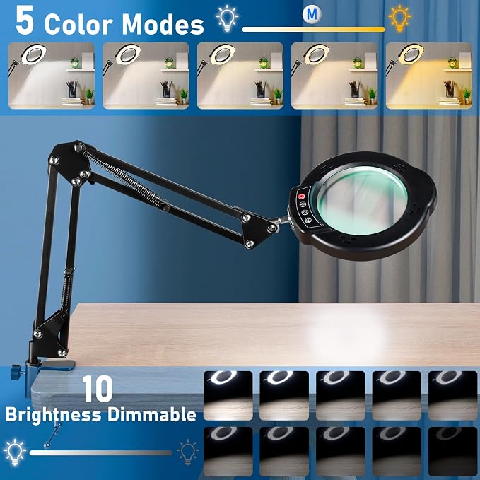 10X Magnifying Glass with Light and Stand, LED Desk Lamp with Clamp, 5 Color Mode, 10 Dimmable Levels, Hands Free for Reading Crafts Jewelry Sewing Close Work