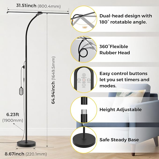 Dual-head LED Floor Lamp 20W 1400LM Adjustable Neck Color Changing Light | Adjustable Brightness & Color Temperature, Modern Corner Tall Standing Lamp for Living Room Office Bedroom Reading