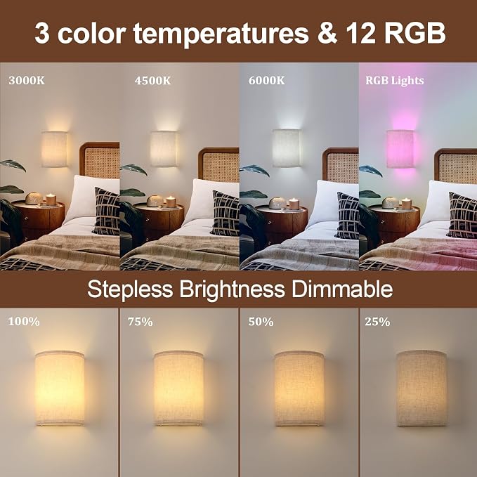 Shenmoyl Battery Operated Wall Sconce Set of 2, Rechargeable 6000mAh Magnetic Bulb, No Drill Stick On Cordless Wall Light, RGB & 3 Color Temperatures Dimmable with Linen Shade for Bedroom Living Room
