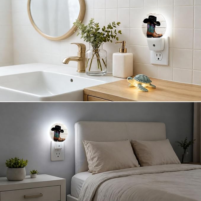 Nightlight Cowboy Boots Night Lights Plug Into Wall Auto Sensor | Rustic Western Night Light Dusk to Dawn Led Sleep Round Lamp for Living Room Hallway Stairs