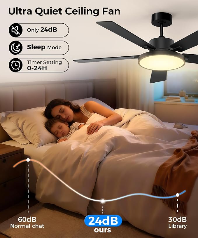 RGBCW Smart 52" 2600LM LED Ceiling Fan Light with Remote, Black | Alexa/Google/App Control, Reversible DC Motor, 6 Speeds & 2 Fan Modes, Dimmable, Quiet Fan for Bedroom, Living & Gaming Room