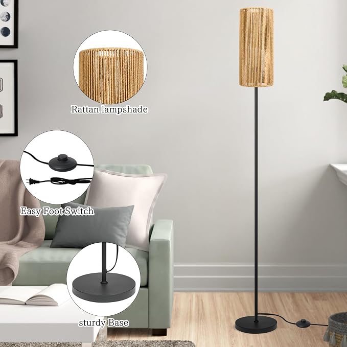 Ruiever Floor Lamp for Living Room,Farmhouse Floor lamp,Modern Standing lamp with Hand-Worked Rattan Shade (Straight Line Rattan Shade- 3 Color Bulb)