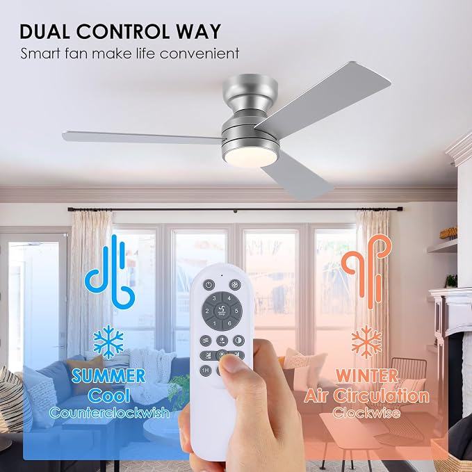 Asyko 46" Brown Modern Low Profile Ceiling Fans with LED Lights and Remote | Flush Mount,Reversible 6 Wind Speeds, Dimmable 3 CCT LED Light, 25W Quiet DC Motor,3 Double-Sided Blades,for Bedroom Kitchen