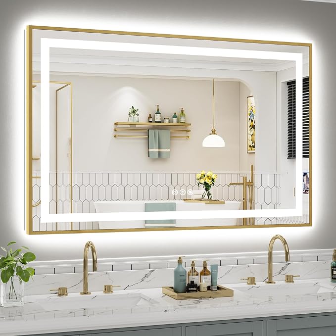 55x36 Inch LED Bathroom Mirror with Gold Frame, Backlit & Front Lit | Anti-fog, 3 Color Dimmable, Memory Function, HD Reflection Tempered Glass, ETL Listed, IP54 Waterproof