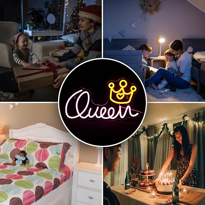 Queen Neon Sign Crown Neon Lights Dimmable USB Powered 16.5’’X9.3’’ Light Up Sign for Girls Room Birthday Party Bedroom Lady Gifts Wall Decor（Pink Yellow）