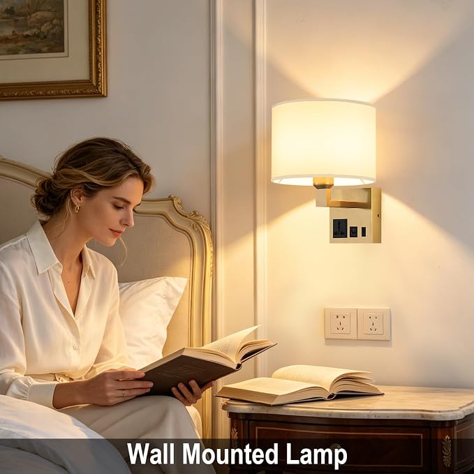 Plug in Wall Light, Wall Lamp with Brass Base Cylindrical Shape | Wall Light for Living Room Bedroom Hotel, Bedside Lamp Bulb Included, Wall Mounted Lamp with AC Outlet & USBA+C Charging Port