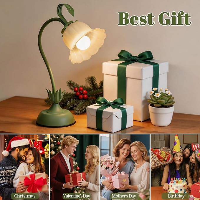 Tulip Flower Table Lamp, 3 Color Temperature Flexible Gooseneck Cute Small Desk Lamp for Bedroom, Vintage Nightstand Bedside Lamps for Living Room, Dorm, Office, Home Decor (Tulip Green)