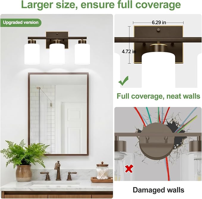 3-Light Bathroom Light Fixtures, Brown and Gold Vanity Light with Milky White Frosted Glass Shades, Modern Vanity Lighting Fixtures for Bathroom, Mirror, Bedroom, Hallway, Living Room