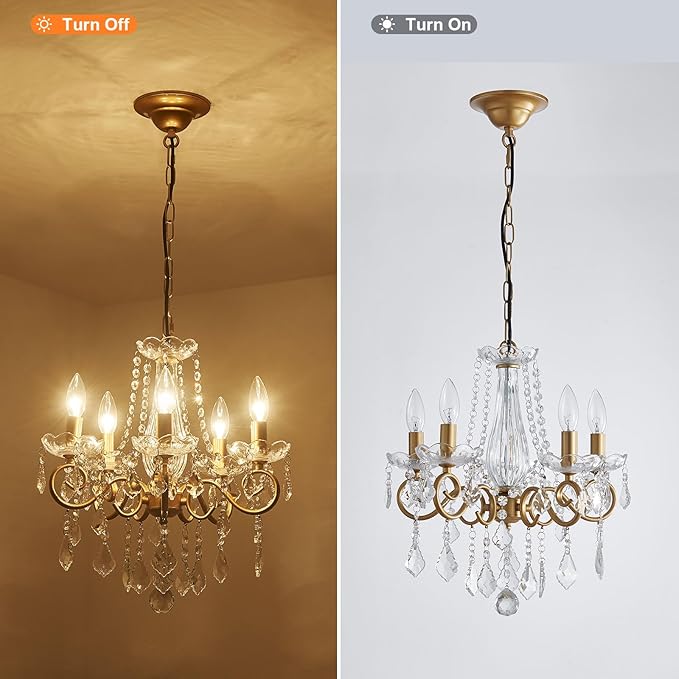 Crystal Chandelier, 5-Light Chandelier for Dining Room Light Fixture, K9 Crystal Pendant Ceiling Light Fixture, Modern Candle Chandelier for Living Room Kitchen Island Entryway Bedroom (Gold)