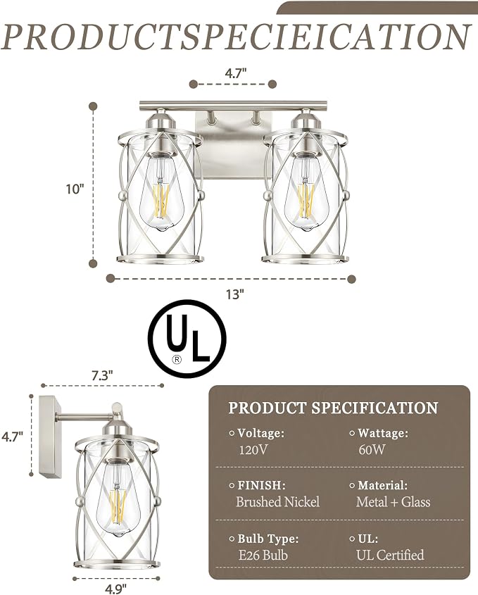 2-Light Brushed Nickel Bathroom Light Fixtures, 13.8 Inch Modern Bathroom Vanity Lighting Fixtures Over Mirror with Clear Glass and Metal Cage Wall Sconce Lights for Bath, E26, CH9176BN-2W