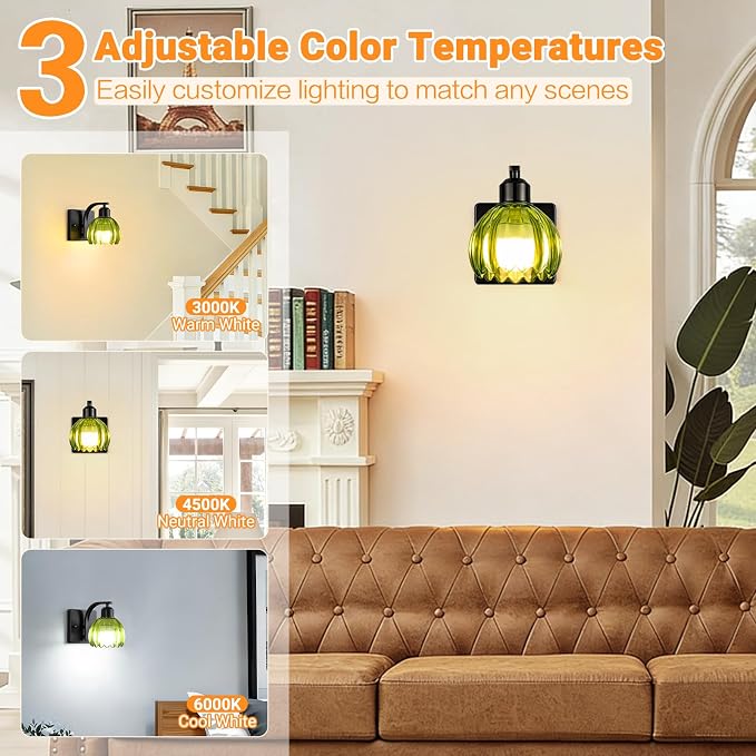 Battery Operated Wall Sconce Set of Two, Black Bedside Wall Mounted Lamps with Green Tulip Glass Shade, Vintage Dimmable Bathroom Sconces Wall Lighting for Mirror Bedroom Living Room