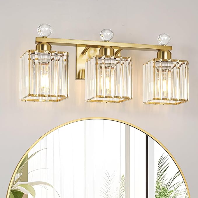 Bathroom Vanity Light Fixture 3-Light - Vanity Lights for Bathroom with Crystal Shade Gold Metal, Easy Install No Drilling Needed, Shadow-Free Illumination for Modern Bathroom Mirror Decor